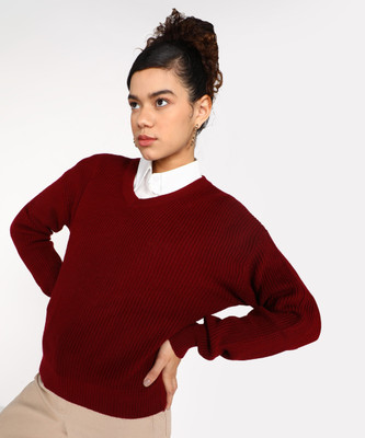 NUMERO UNO Self Design V Neck Casual Women Maroon Sweater