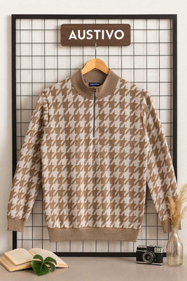 Austivo Printed Round Neck Casual Men Brown, Beige Sweater