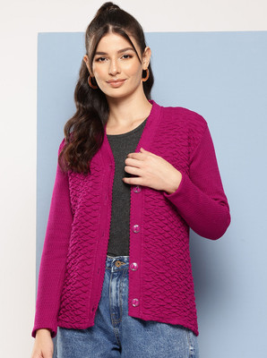 METRONAUT Woven V Neck Casual Women Purple Sweater