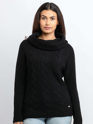 Status Quo Self Design Round Neck Casual Women Black Sweater