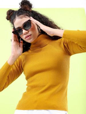 Tokyo Talkies Solid High Neck Casual Women Yellow Sweater