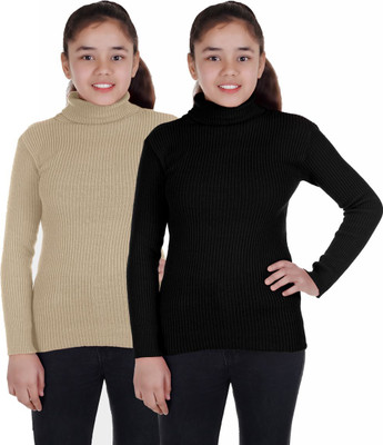 100LUCK Solid High Neck Casual Boys & Girls Black, Beige Sweater