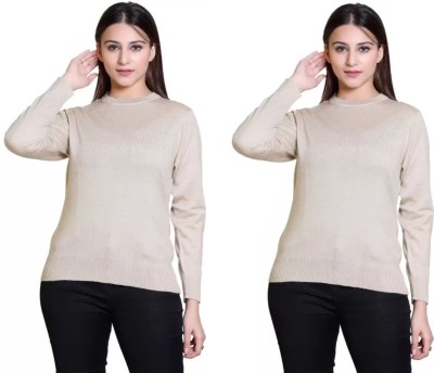 Infernium Solid Round Neck Casual Women Beige Sweater