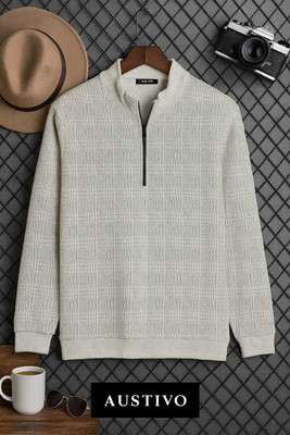 Austivo Solid Turtle Neck Casual Men White Sweater
