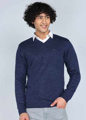 PETER ENGLAND Solid V Neck Casual Men Blue Sweater