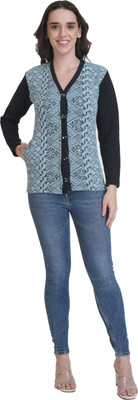 Life and style Geometric Print V Neck Casual Women Light Blue Sweater