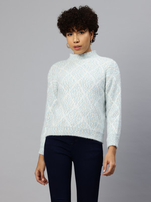 PIERRE CARLO Geometric Print Turtle Neck Casual Women Light Blue Sweater