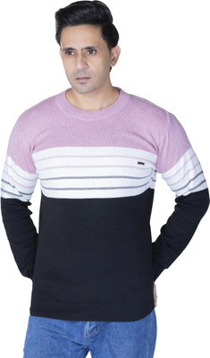Harjot Striped Round Neck Casual Men Pink Sweater