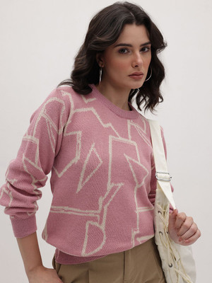 Roadster Self Design Round Neck Casual Women Pink Sweater