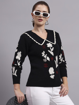 MODKLINE Floral Print Peter Pan Collar Casual Women Black Sweater
