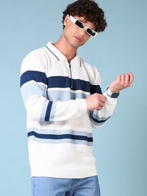 V-MART Striped Collared Neck Casual Men White, Blue Sweater