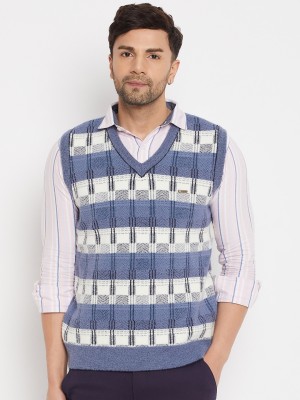 DUKE Printed V Neck Casual Men Blue, White Sweater