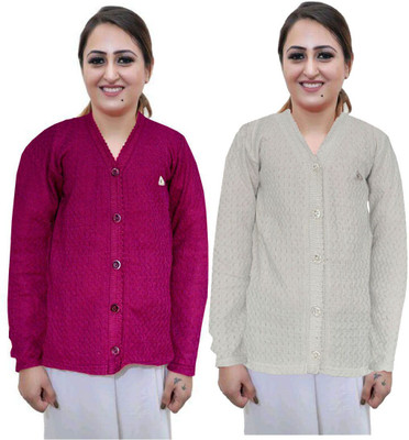 Shunit creation Self Design Round Neck Lounge Wear Women White Sweater