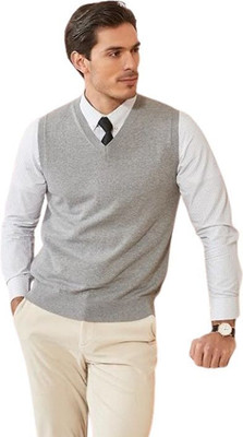 DAILYDUDE Solid V Neck Casual Men Grey Sweater