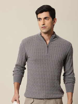 Mr Bowerbird Self Design Round Neck Casual Men Grey Sweater