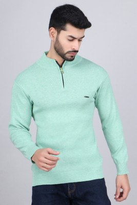FEVERFEW Self Design Collared Neck Casual Men Light Green Sweater