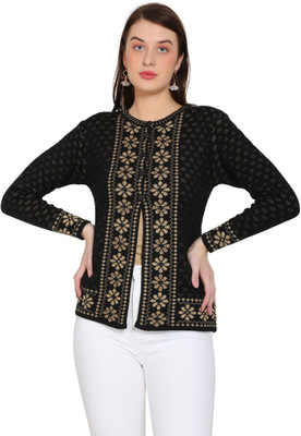 HITTIKA Embroidered Round Neck Casual Women Black Sweater