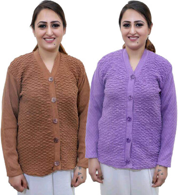 Shunit creation Printed V Neck Casual Women Brown, Purple Sweater