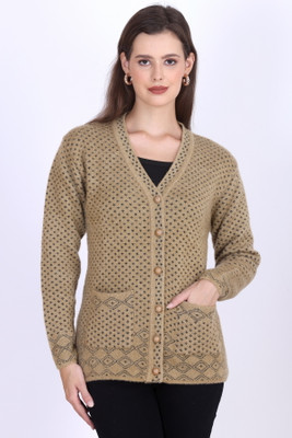 First Sleep Printed V Neck Casual Women Reversible Gold Sweater