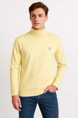 Krop Fashion Solid High Neck Casual Men Yellow Sweater