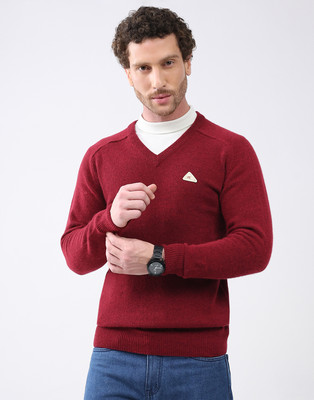 MONTE CARLO Solid V Neck Casual Men Maroon Sweater