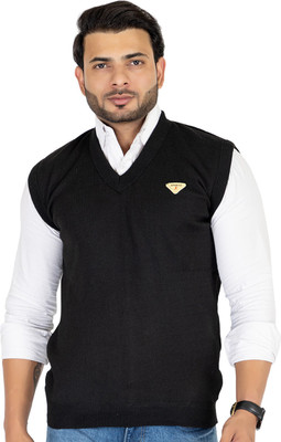 Magknit Solid V Neck Casual Men Black Sweater