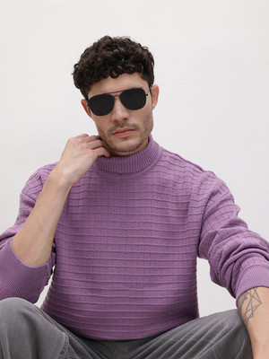 Roadster Striped Turtle Neck Casual Men Purple Sweater