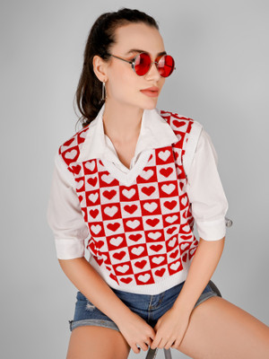 DREAMDIVA Printed V Neck Casual Women Red Sweater