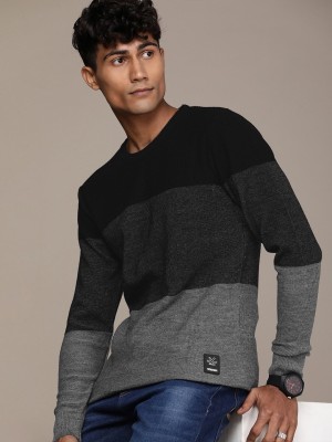 WROGN Colorblock Round Neck Casual Men Black Sweater