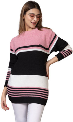 WAY TO TRENDY Striped Round Neck Casual Women Pink Sweater