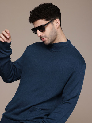 French Connection Solid Round Neck Casual Men Green Sweater
