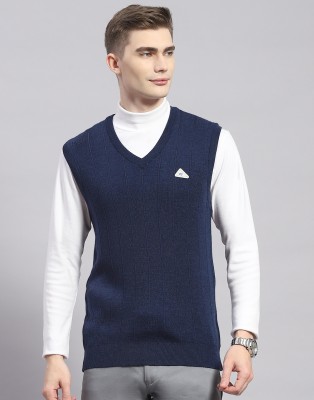 MONTE CARLO Solid V Neck Casual Men Blue Sweater