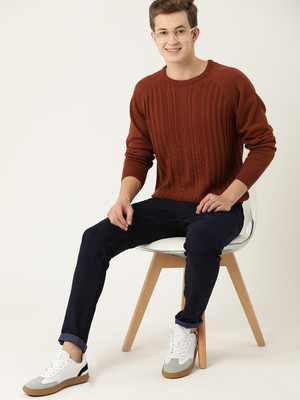 Mast & Harbour Self Design Round Neck Casual Men Red Sweater