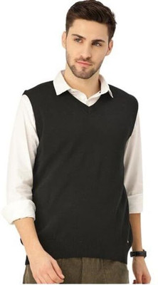 GAINELL Solid V Neck Casual Men Black Sweater