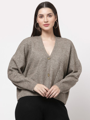 513 Self Design V Neck Casual Women Brown Sweater
