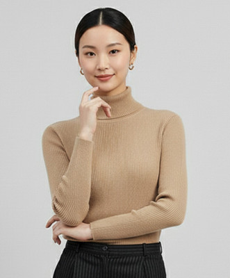 LIME Solid Turtle Neck Casual Women Beige Sweater