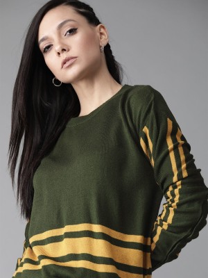 Roadster Striped Round Neck Casual Women Green Sweater