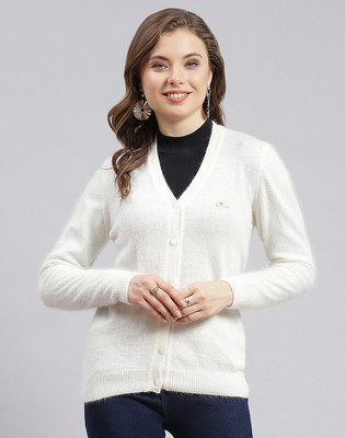 MONTE CARLO Solid V Neck Casual Women White Sweater
