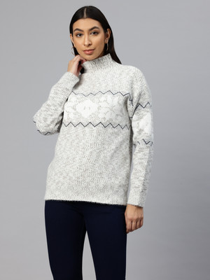 PIERRE CARLO Geometric Print Turtle Neck Casual Women Grey Sweater