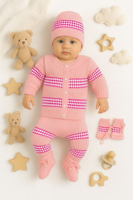Bamboo Babe Self Design Round Neck Casual Baby Boys & Baby Girls Pink Sweater