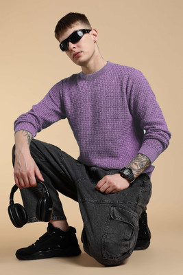 FREAKS Solid Round Neck Casual Men Purple Sweater