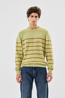 Snitch Striped Crew Neck Casual Men Green Sweater