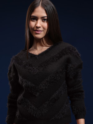 Tokyo Talkies Self Design V Neck Casual Women Black Sweater