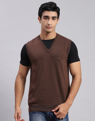 MONTE CARLO Solid V Neck Casual Men Brown Sweater
