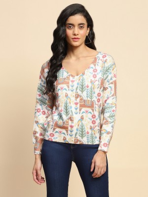 GLOBAL REPUBLIC Printed V Neck Casual Women White Sweater