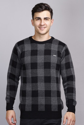 GODFREY Checkered Round Neck Casual Men Black Sweater