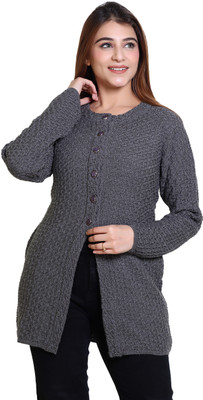 Winter knit Self Design Round Neck Casual Women Grey Sweater