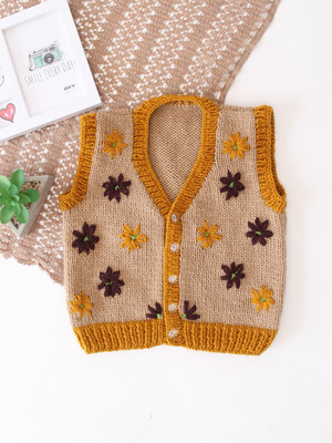 Woonie Self Design V Neck Casual Baby Boys & Baby Girls Beige Sweater