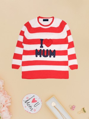 CHKOKKO Striped Round Neck Casual Baby Girls Red, White Sweater