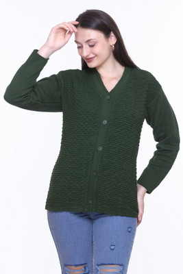 Keshavi Self Design V Neck Casual Women Dark Green Sweater